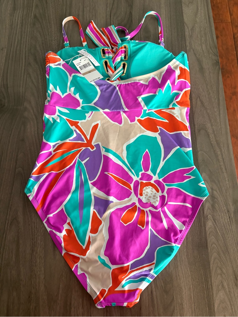 Trina Turk Floral Halter One-Piece Swimsuit in Pink Teal Orange - Picture 15 of 16